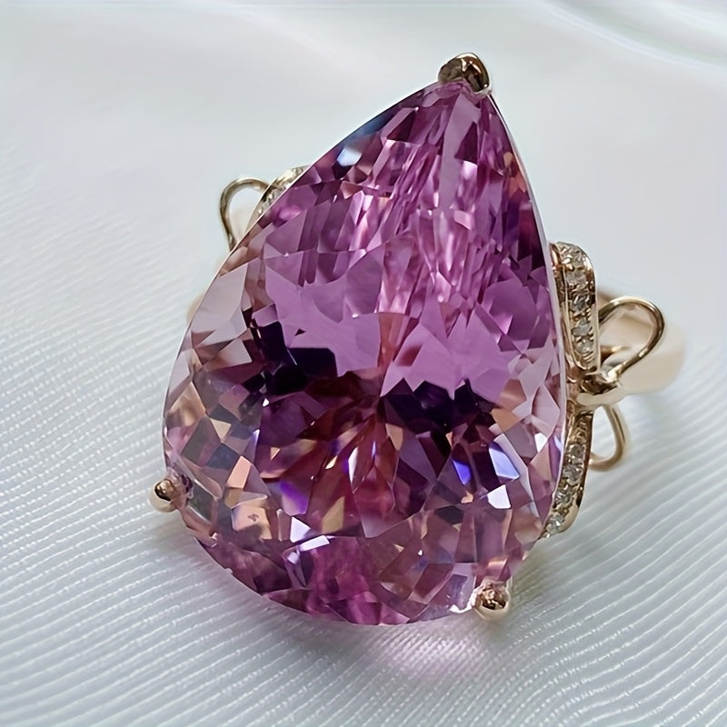 Custom Pear-Cut Pink Kunzite Statement Ring with Diamond Accents