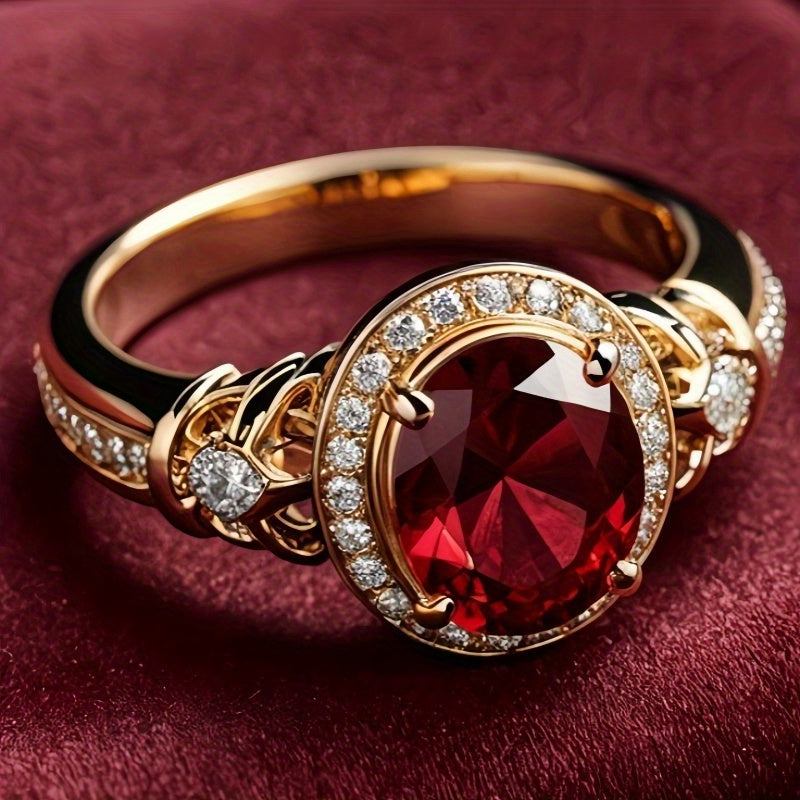 Custom Round-Cut Red Ruby Halo Statement Ring with Diamond Accents