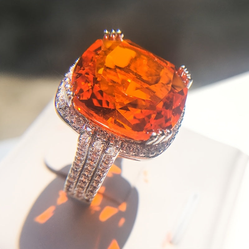 Custom Cushion-Cut Orange Gemstone Halo Statement Ring