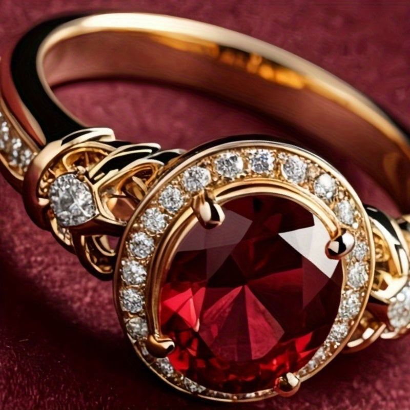 Custom Round-Cut Red Ruby Halo Statement Ring with Diamond Accents