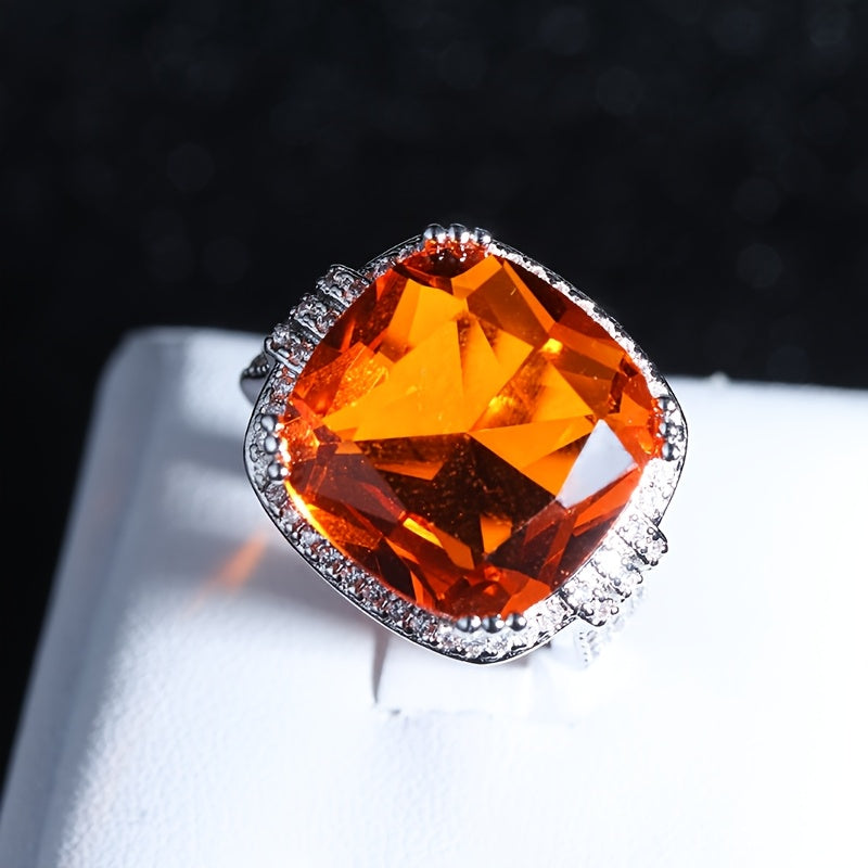 Custom Cushion-Cut Orange Gemstone Halo Statement Ring