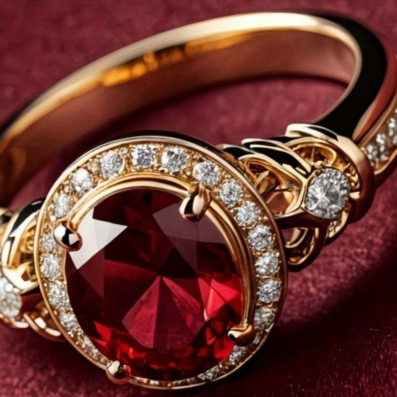 Custom Round-Cut Red Ruby Halo Statement Ring with Diamond Accents