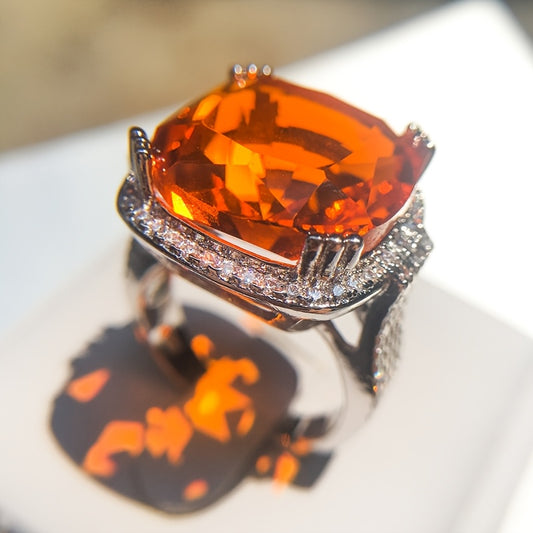 Custom Cushion-Cut Orange Gemstone Halo Statement Ring