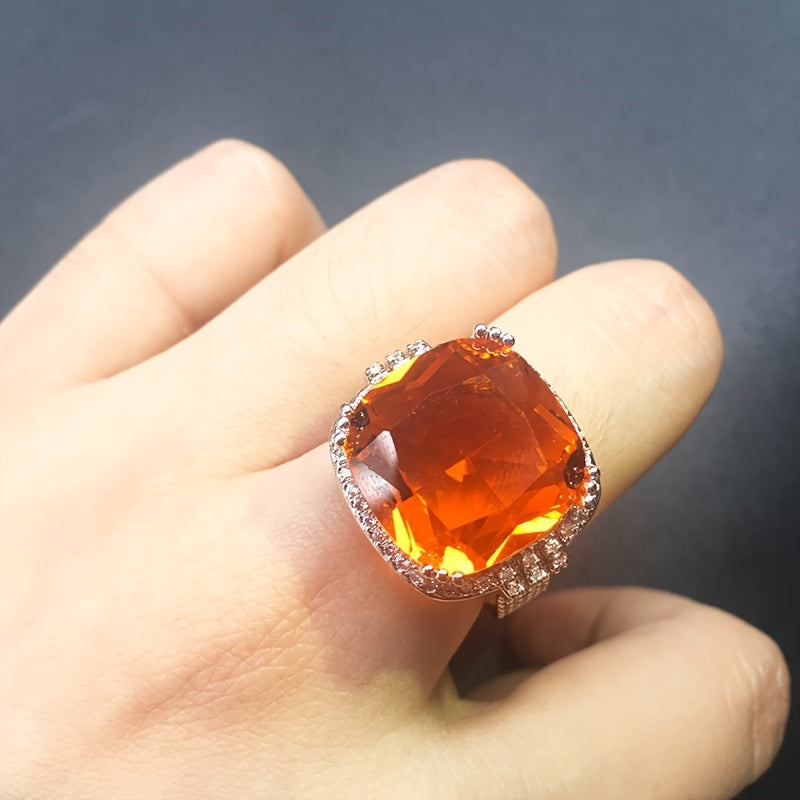 Custom Cushion-Cut Orange Gemstone Halo Statement Ring