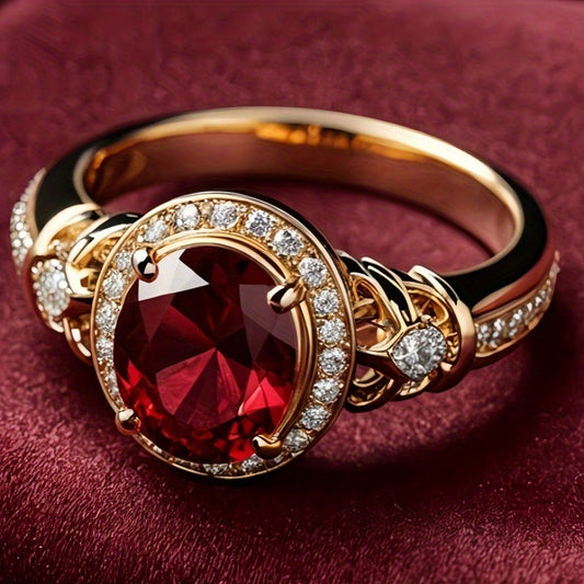 Custom Round-Cut Red Ruby Halo Statement Ring with Diamond Accents