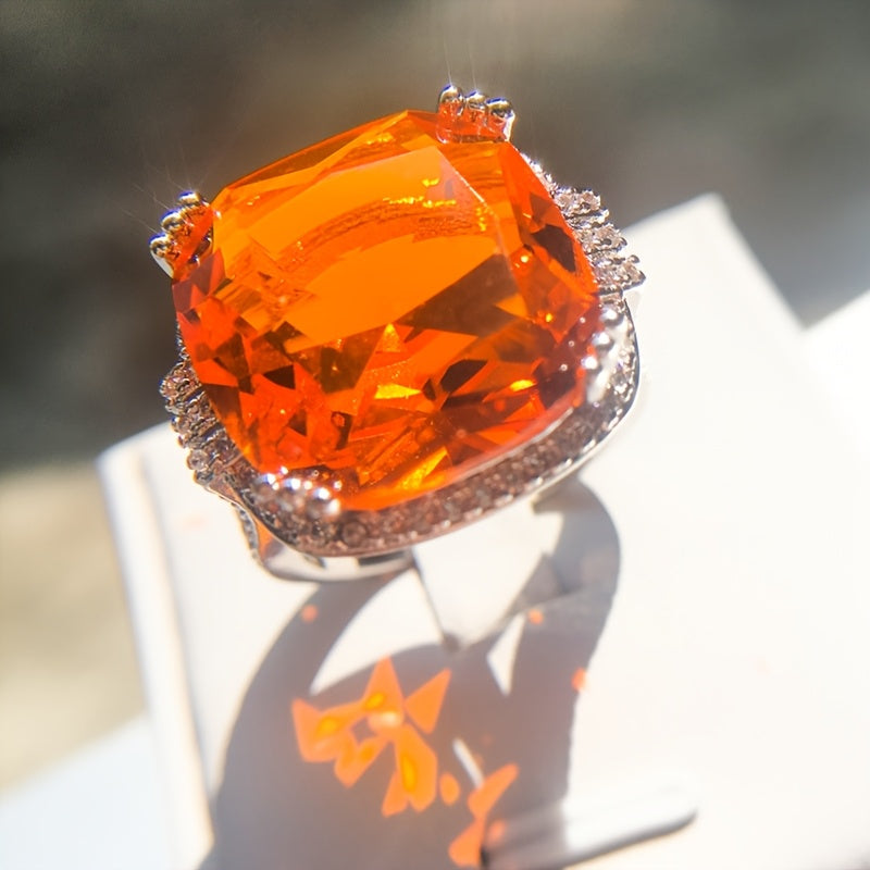 Custom Cushion-Cut Orange Gemstone Halo Statement Ring