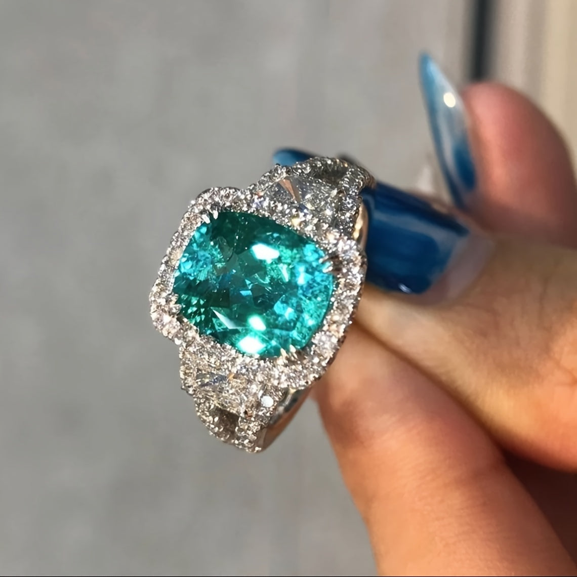 Custom Cushion-Cut Paraiba Tourmaline Halo Statement Ring