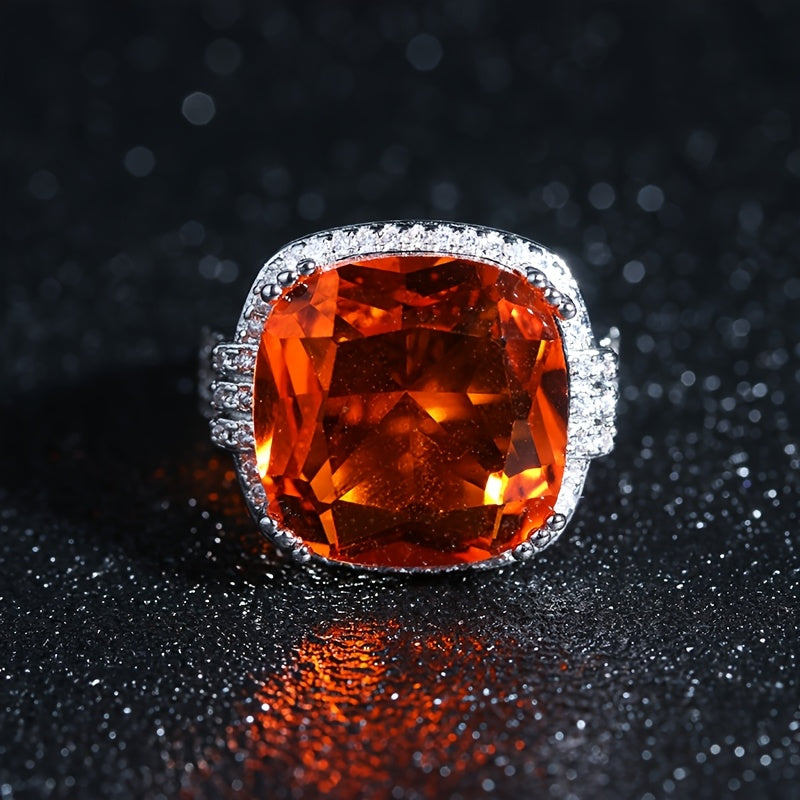 Custom Cushion-Cut Orange Gemstone Halo Statement Ring