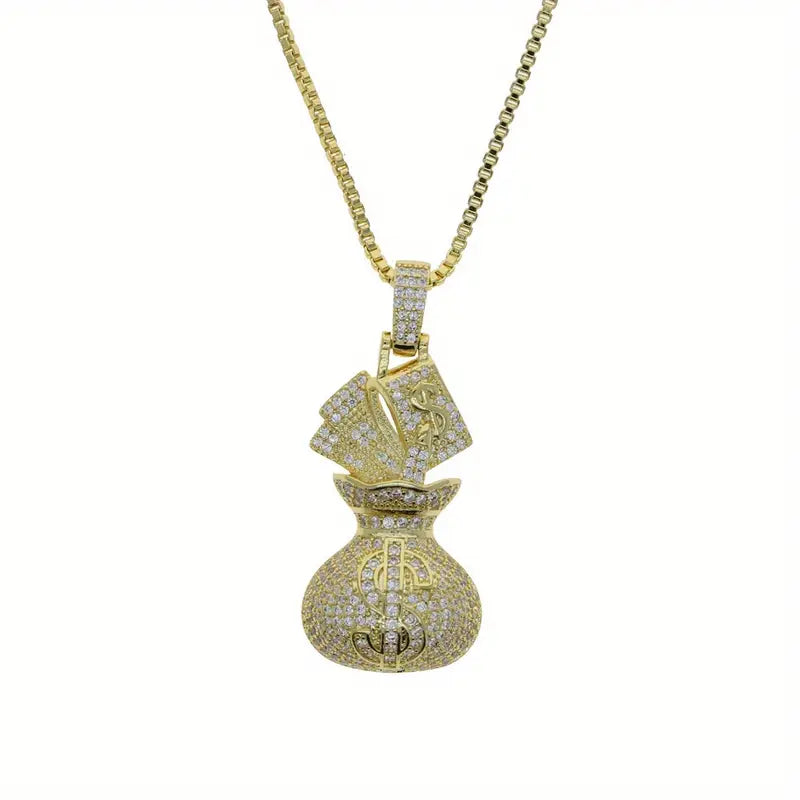 Luxury 925 Silvery Money Bag Pendant Necklace with Moissanite - 18K Gold Plated Plated,