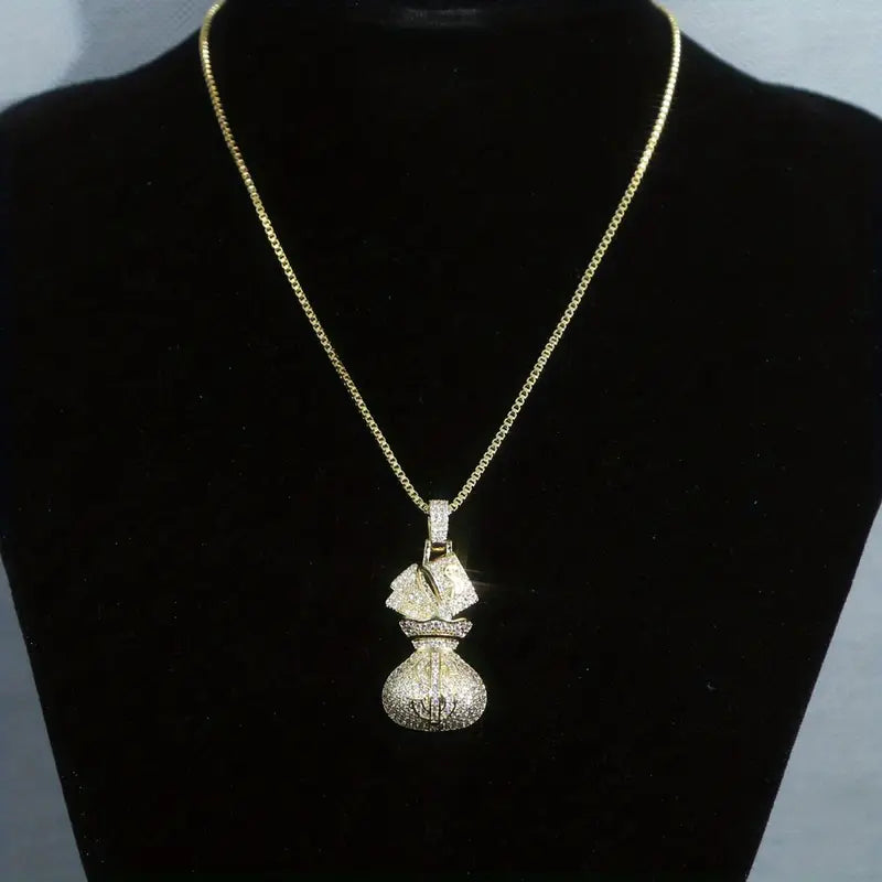 Luxury 925 Silvery Money Bag Pendant Necklace with Moissanite - 18K Gold Plated Plated,