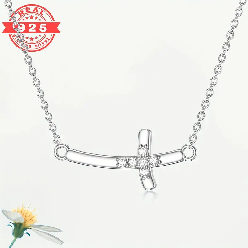 Elegant 925 Sterling Silver Cross Necklace with Lab-Grown Diamonds