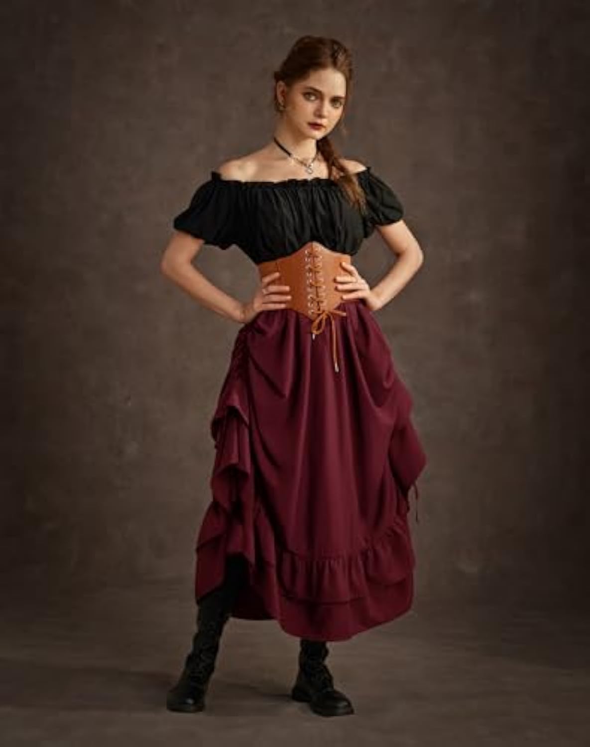 Women's Gothic Steampunk Maxi Skirt High Waist Double Layer Medieval Skirt with Drawstring