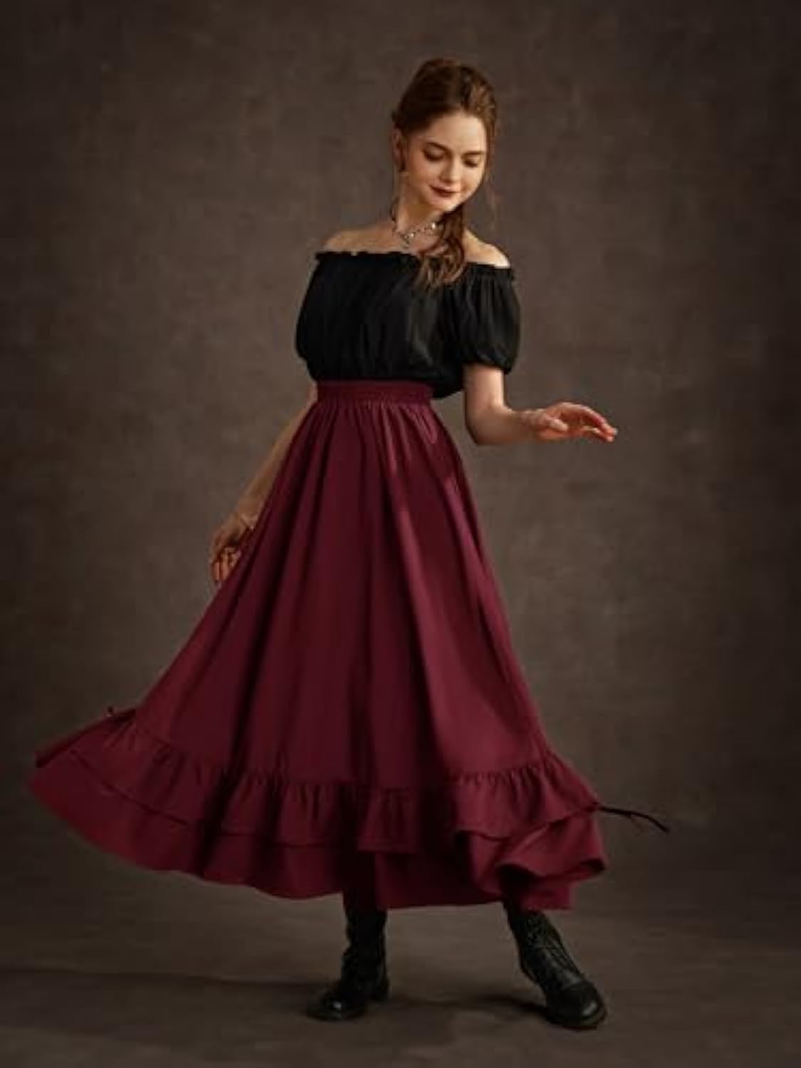 Women's Gothic Steampunk Maxi Skirt High Waist Double Layer Medieval Skirt with Drawstring