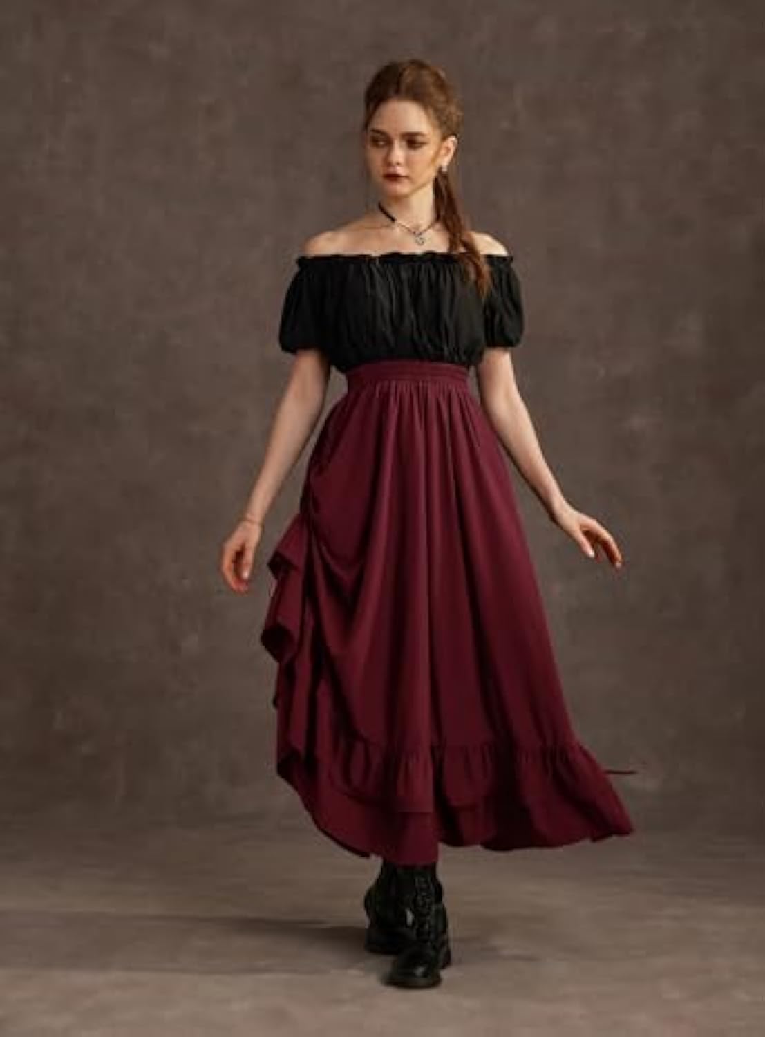 Women's Gothic Steampunk Maxi Skirt High Waist Double Layer Medieval Skirt with Drawstring